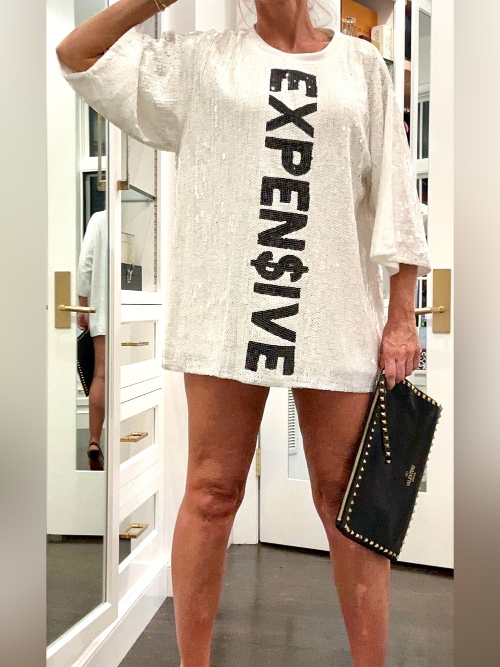 Mini Dress White Sequin Oversized “EXPEN$IVE” size Medium